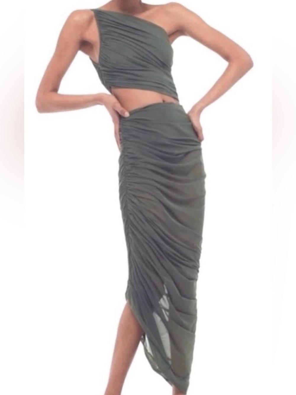 Norma Kamali Olive Green Asymmetric One Shoulder Top and Rouched Midi Skirt Set